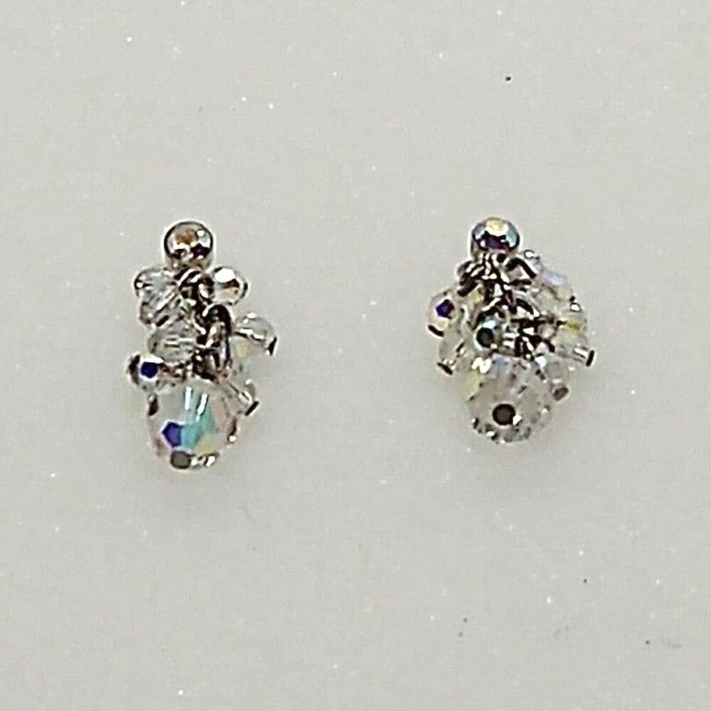 Cluster Dangle Earrings AB Beads Silver Tone Posts